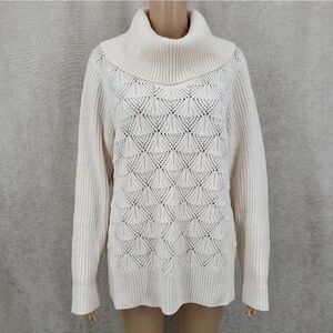 Liz Claiborne Winter White Metallic Knit Pointelle Wool Blend Cowl Neck Sweater